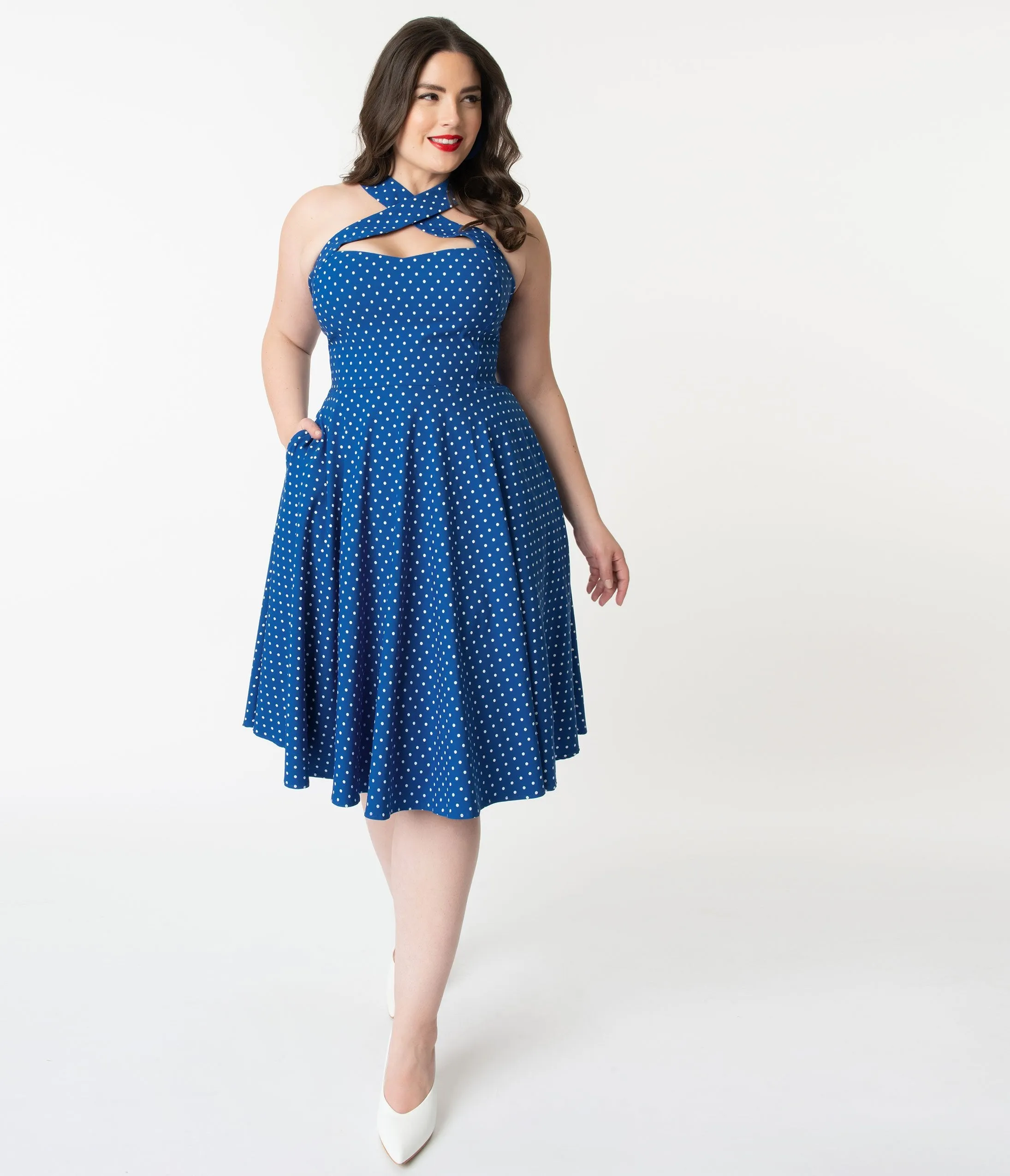 Unique Vintage   Pantone Plus Size Classic Blue & White Pin Dot Rita Flare Dress