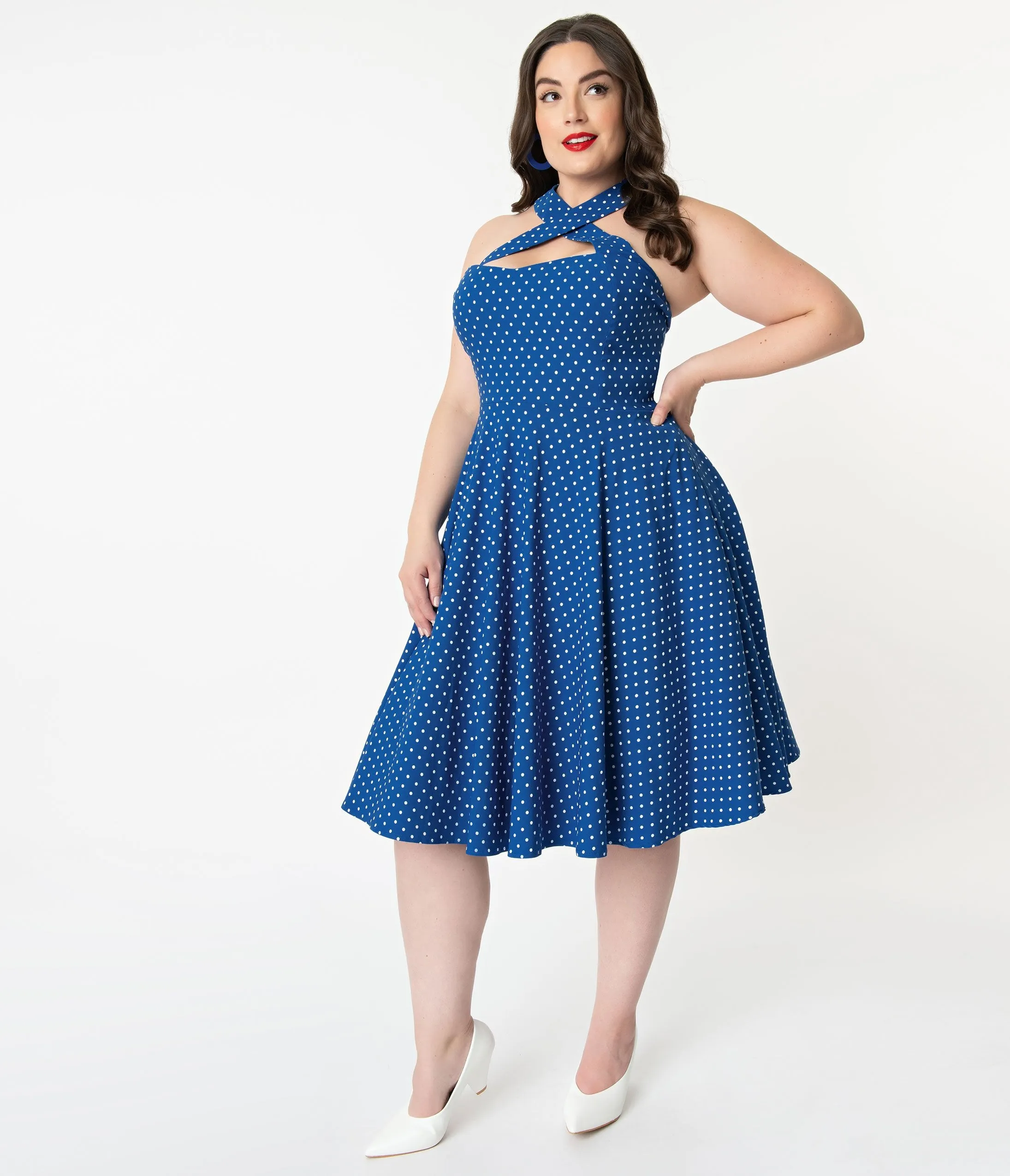 Unique Vintage   Pantone Plus Size Classic Blue & White Pin Dot Rita Flare Dress