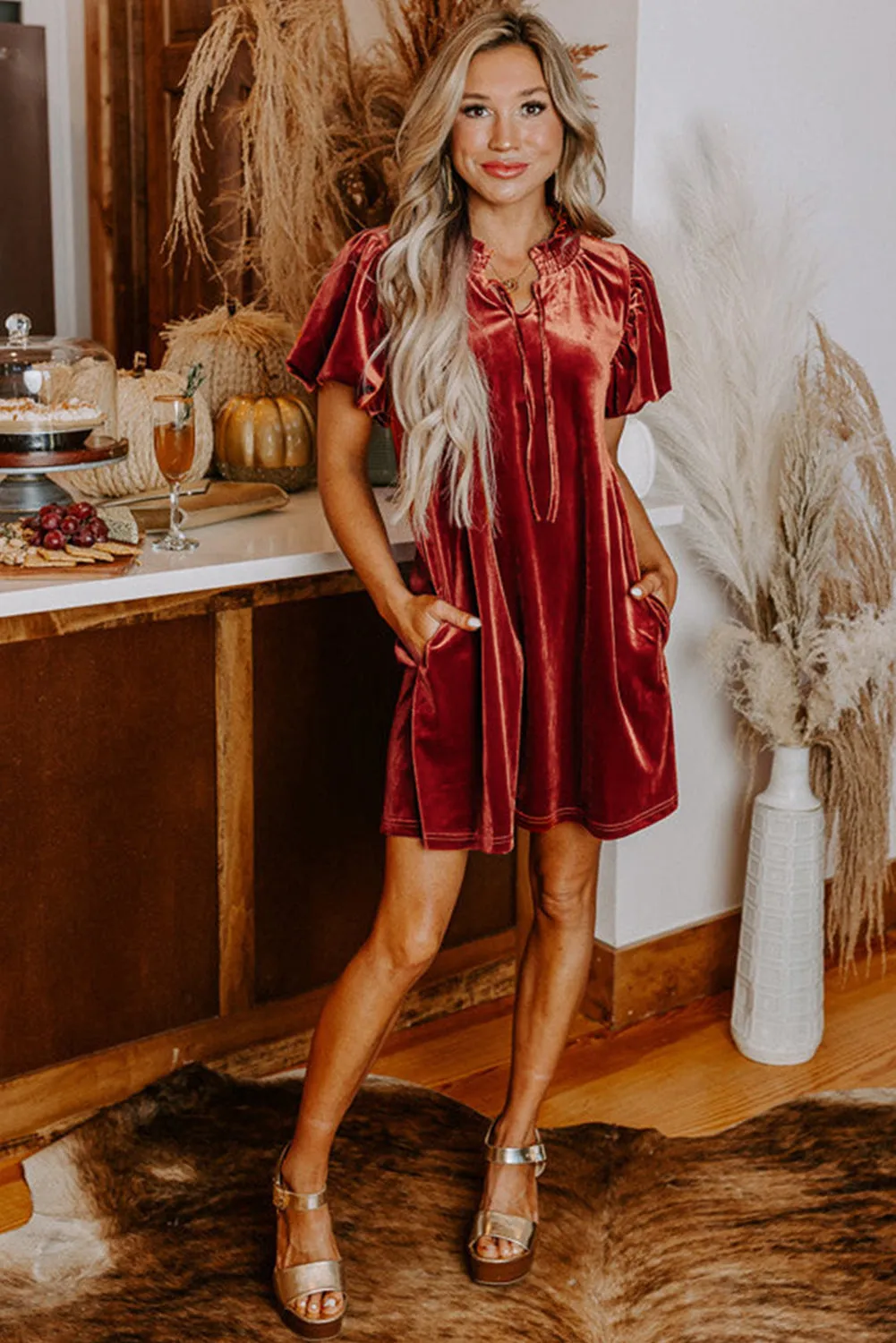 Velvet Smocked Neckline Puff Sleeve Shift Mini Dress