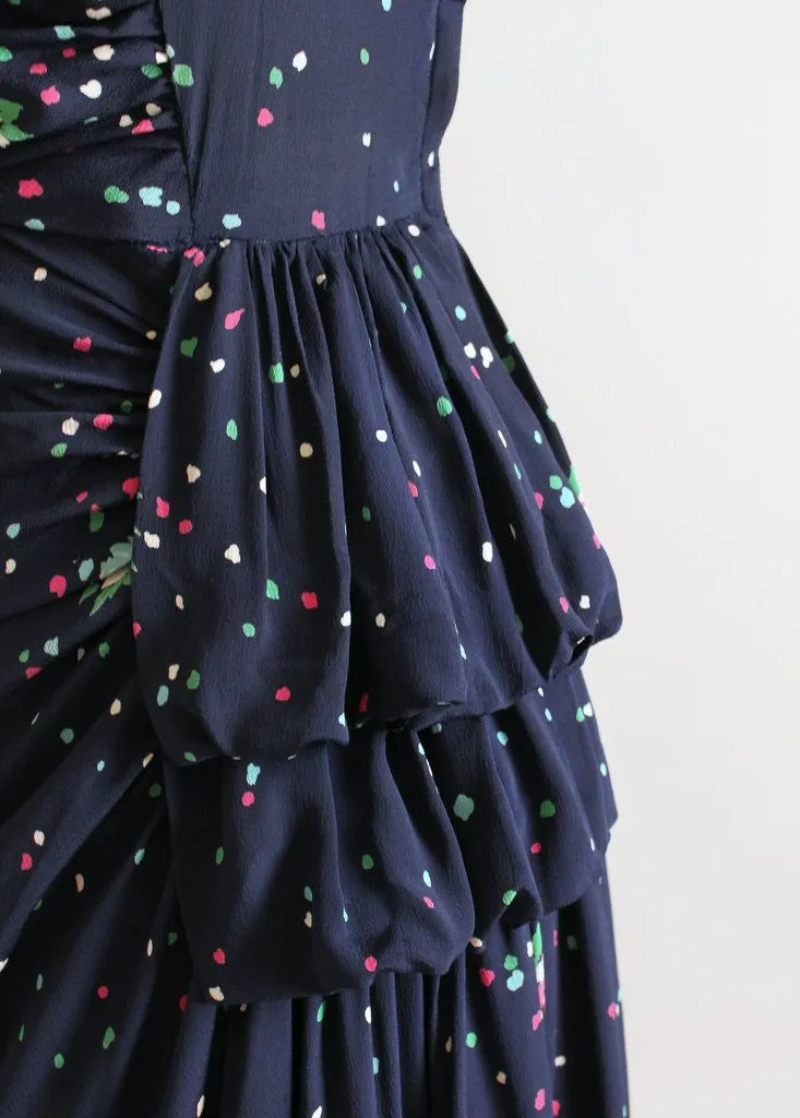 Vintage 1940s Navy Floral Rayon Side Draping Dress