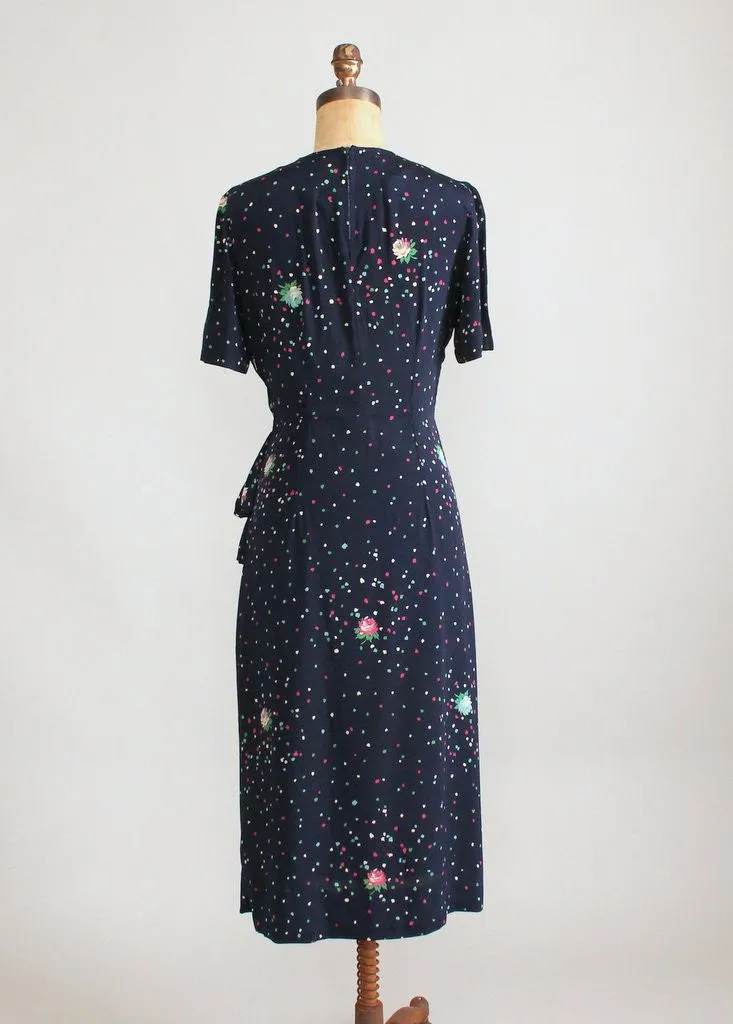 Vintage 1940s Navy Floral Rayon Side Draping Dress