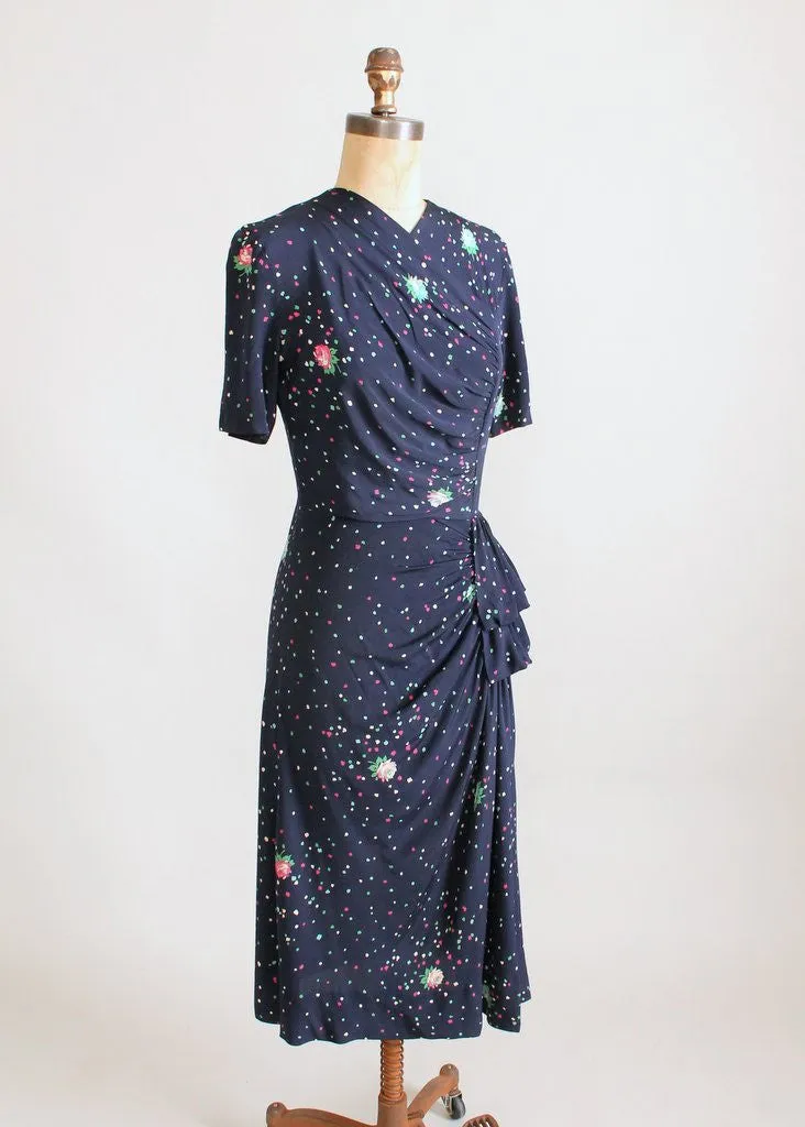 Vintage 1940s Navy Floral Rayon Side Draping Dress