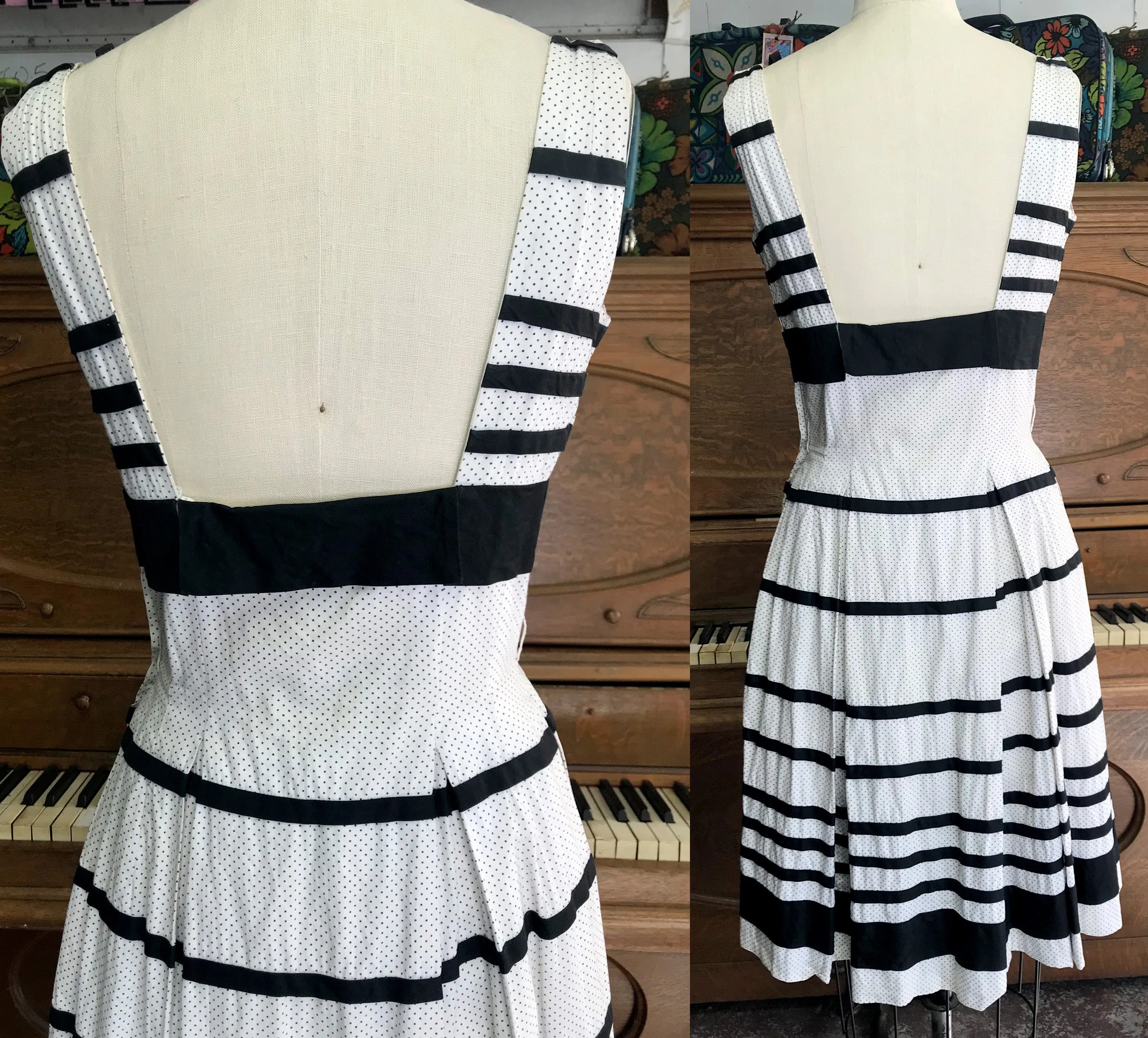 Vintage 1950s Black & White Swing Skirt Pin Up Cotton Party Dress S M