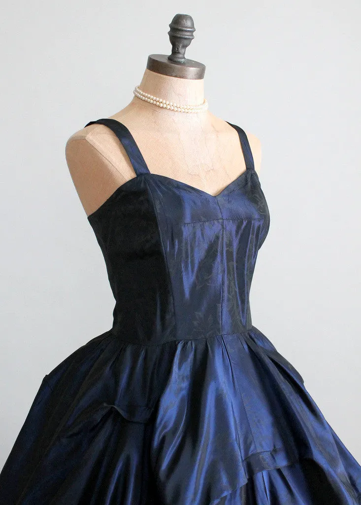 Vintage 1950s Pucker Up Navy Taffeta Party Dress