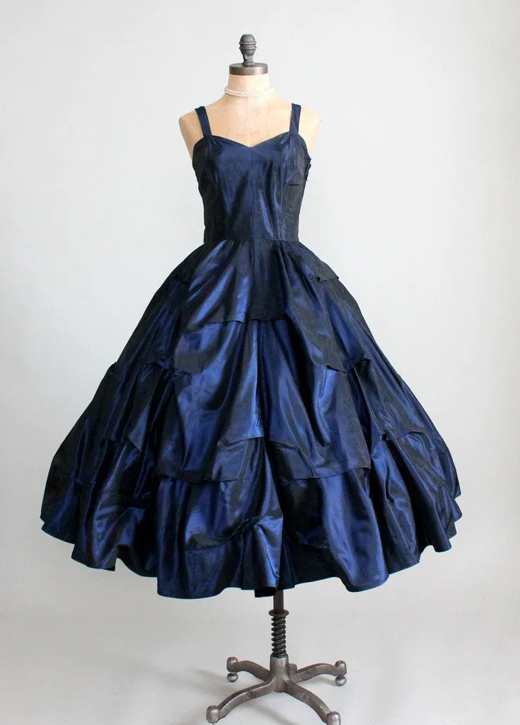 Vintage 1950s Pucker Up Navy Taffeta Party Dress