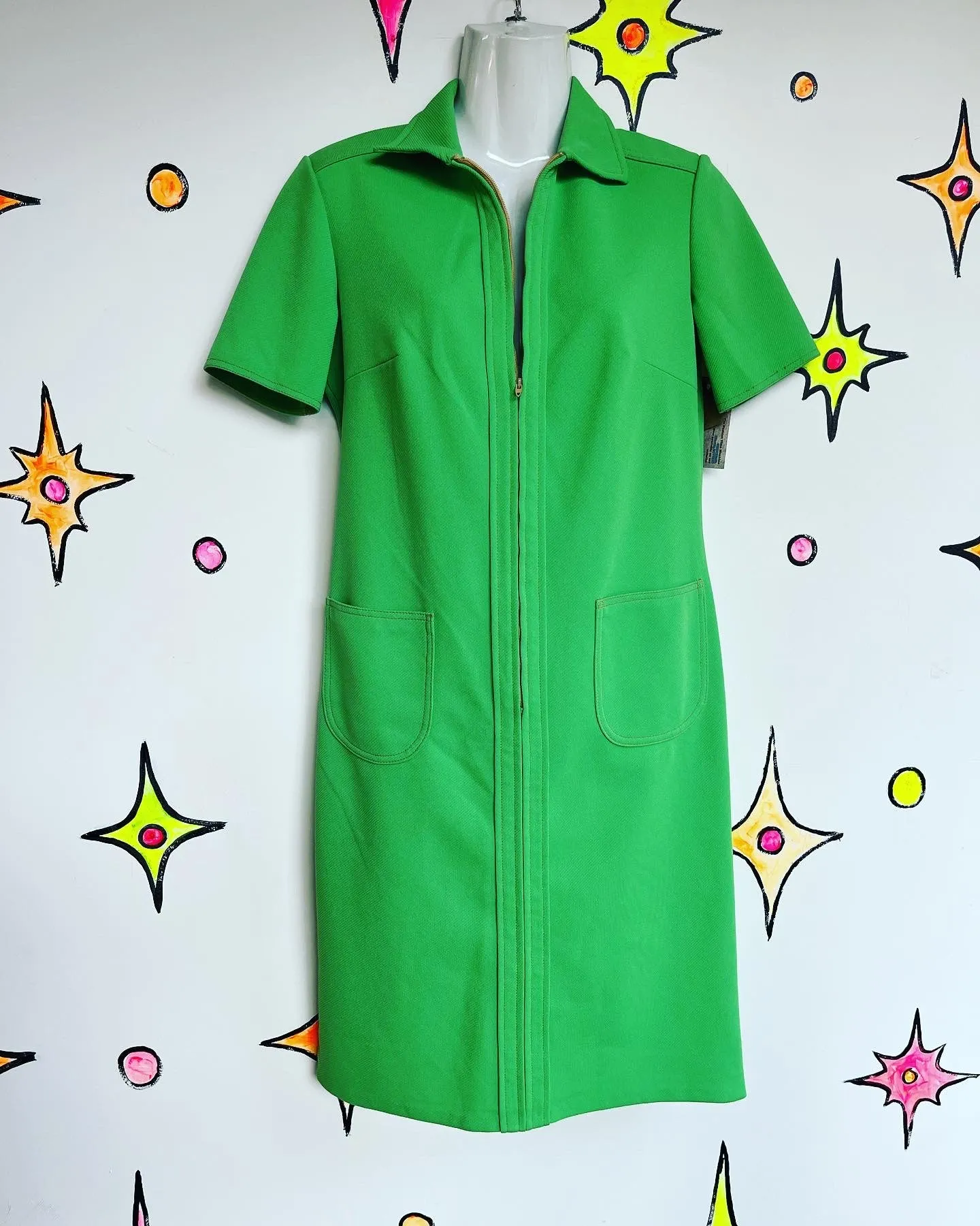 Vintage 60s 70s | Green GoGo Mod Scooter Zip Up Groovy Mini dress | Size M