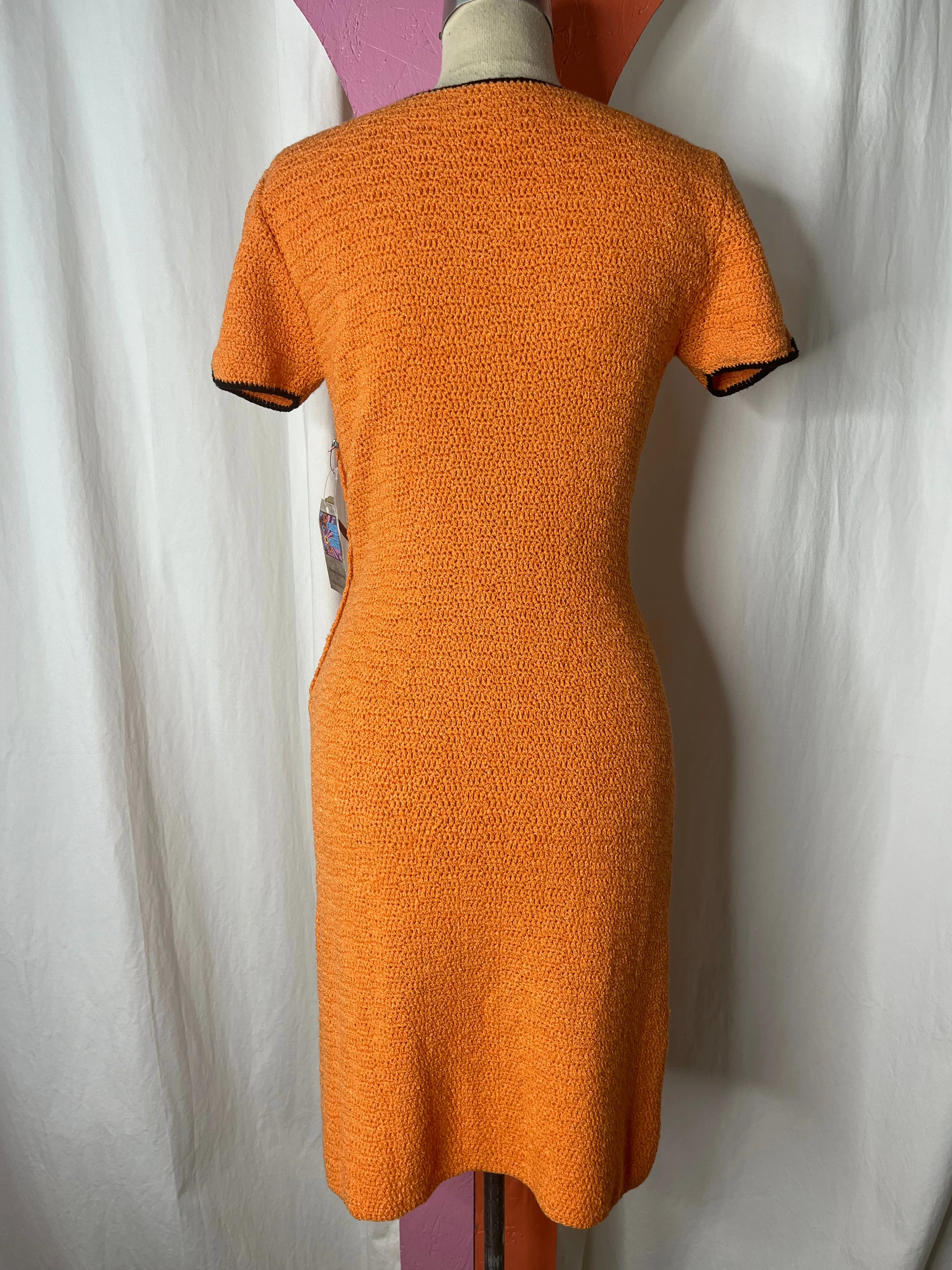 Vintage 60s | Orange & Black Hand Crocheted Knit Halloween MOD Mini Dress | S-M