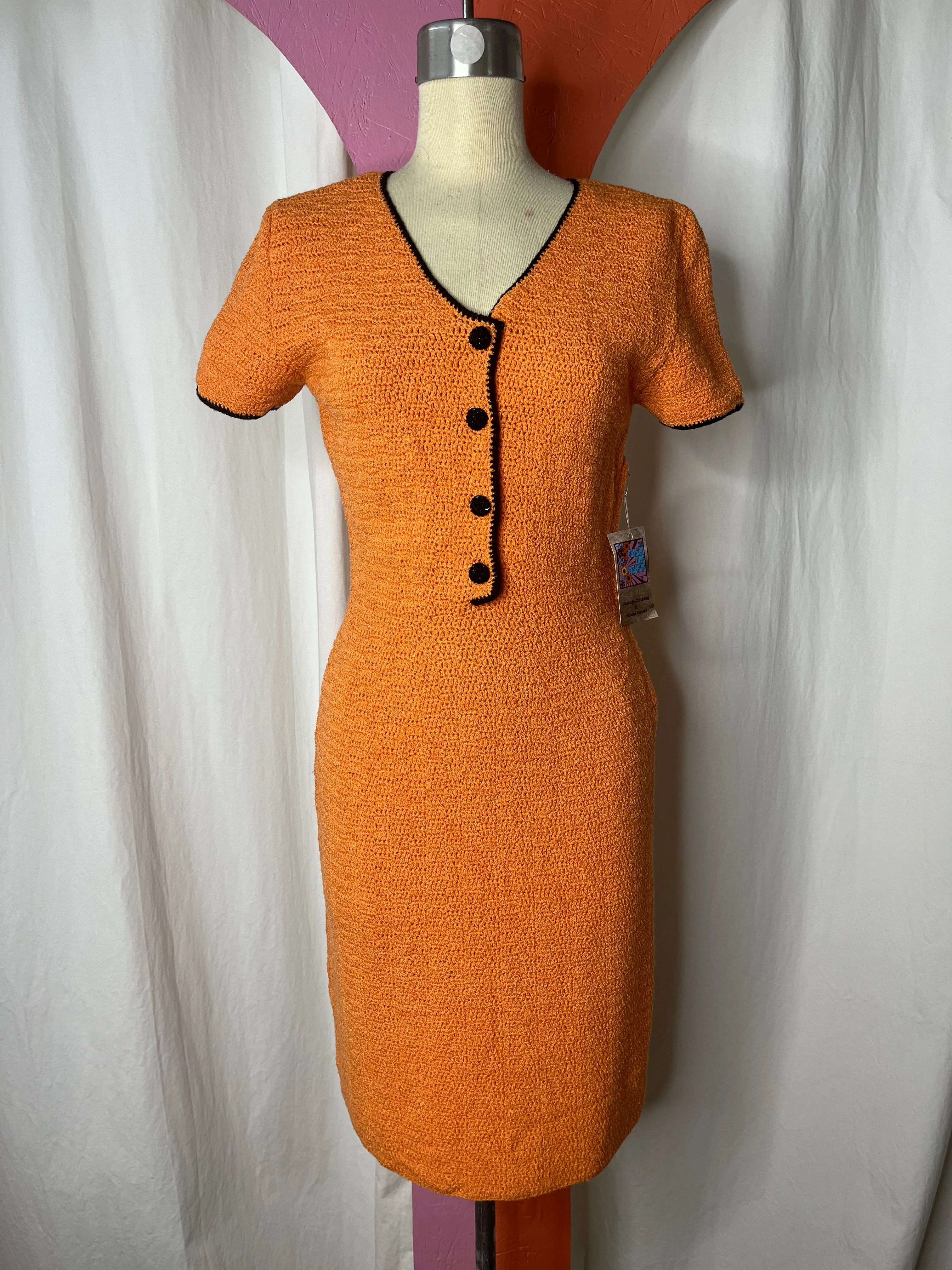 Vintage 60s | Orange & Black Hand Crocheted Knit Halloween MOD Mini Dress | S-M