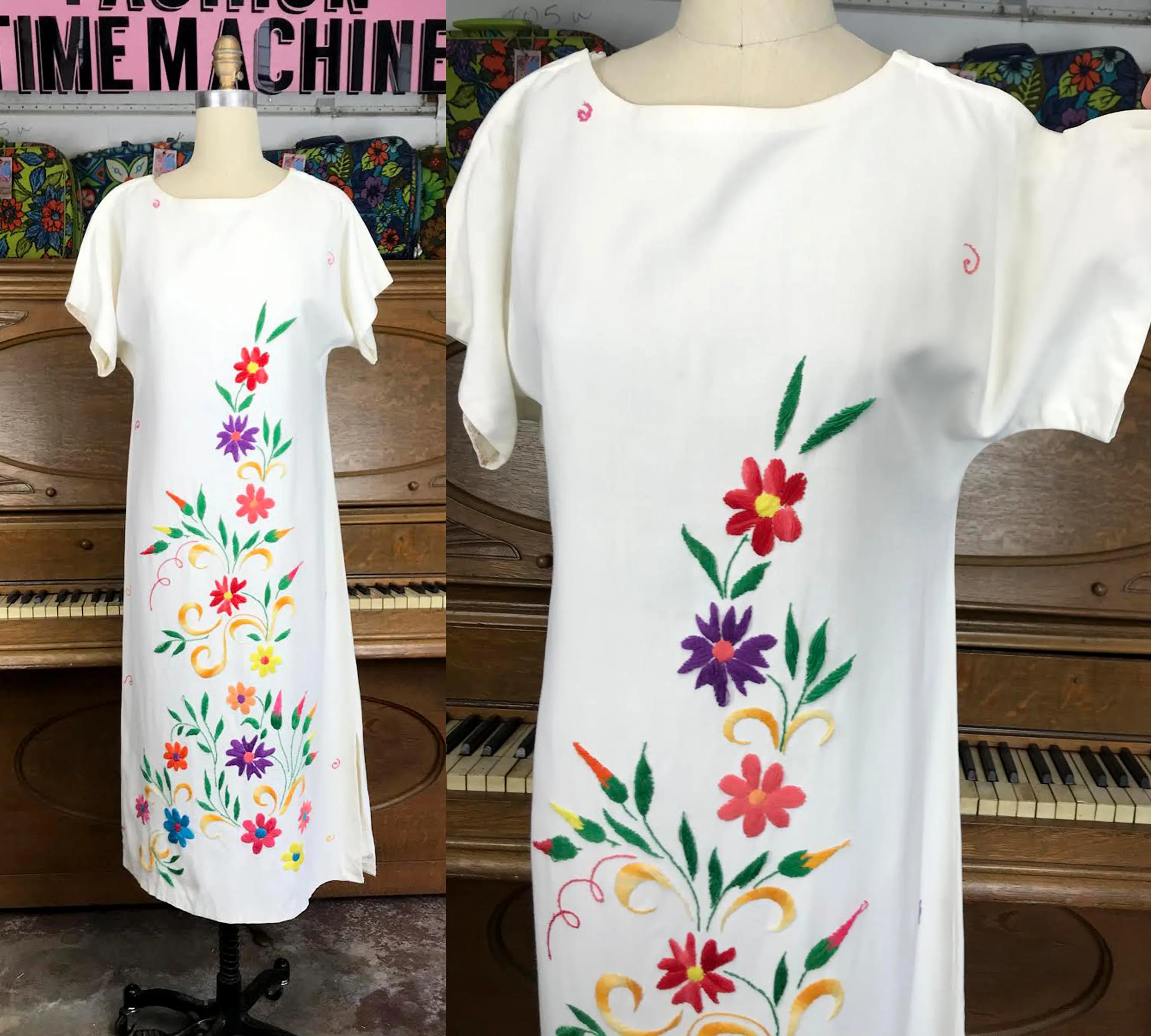 Vintage 70s | Embroidered Mexican White Caftan Muumuu Boho Hippie Dress | S