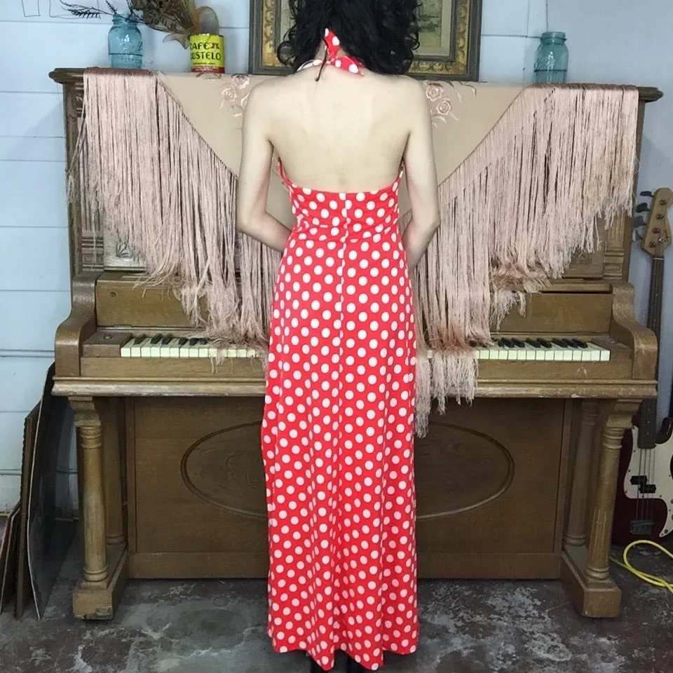 Vintage 70s | Red Polka Dot Groovy Boho Hippie Halter Maxi Dress | XS