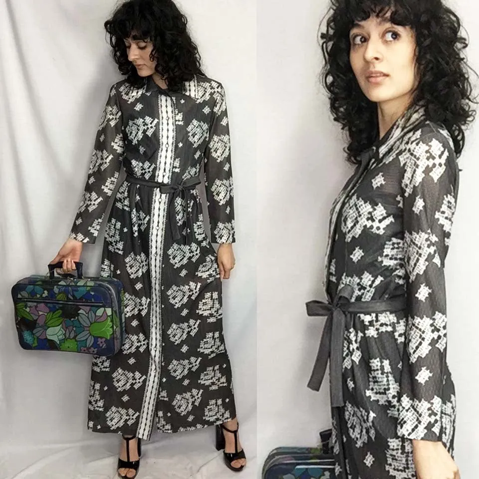 Vintage 70s | Retro Brown Belted Groovy Floral MOD Boho Hippie Maxi Dress | S/M