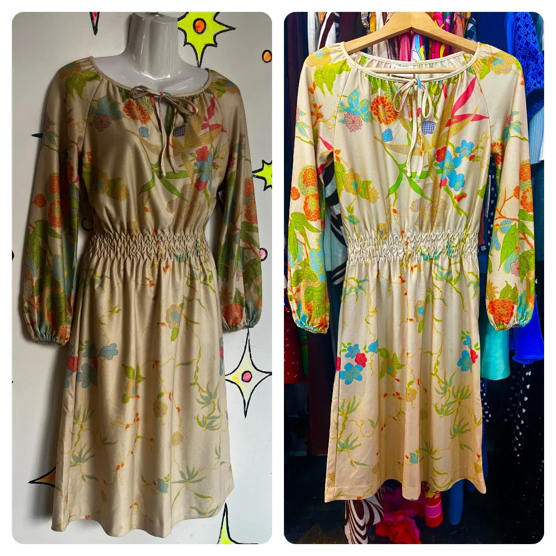 Vintage 70s | Retro Disco Secretary Fairy Grunge Bow Dress | Size S M