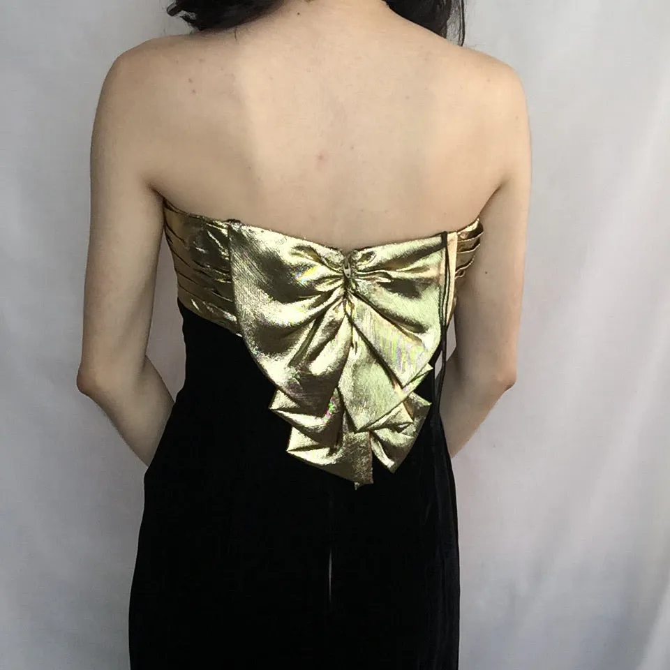 Vintage 80s 90s | Black Velvet & Gold Lame Big Bow Maxi Party Dress | XS