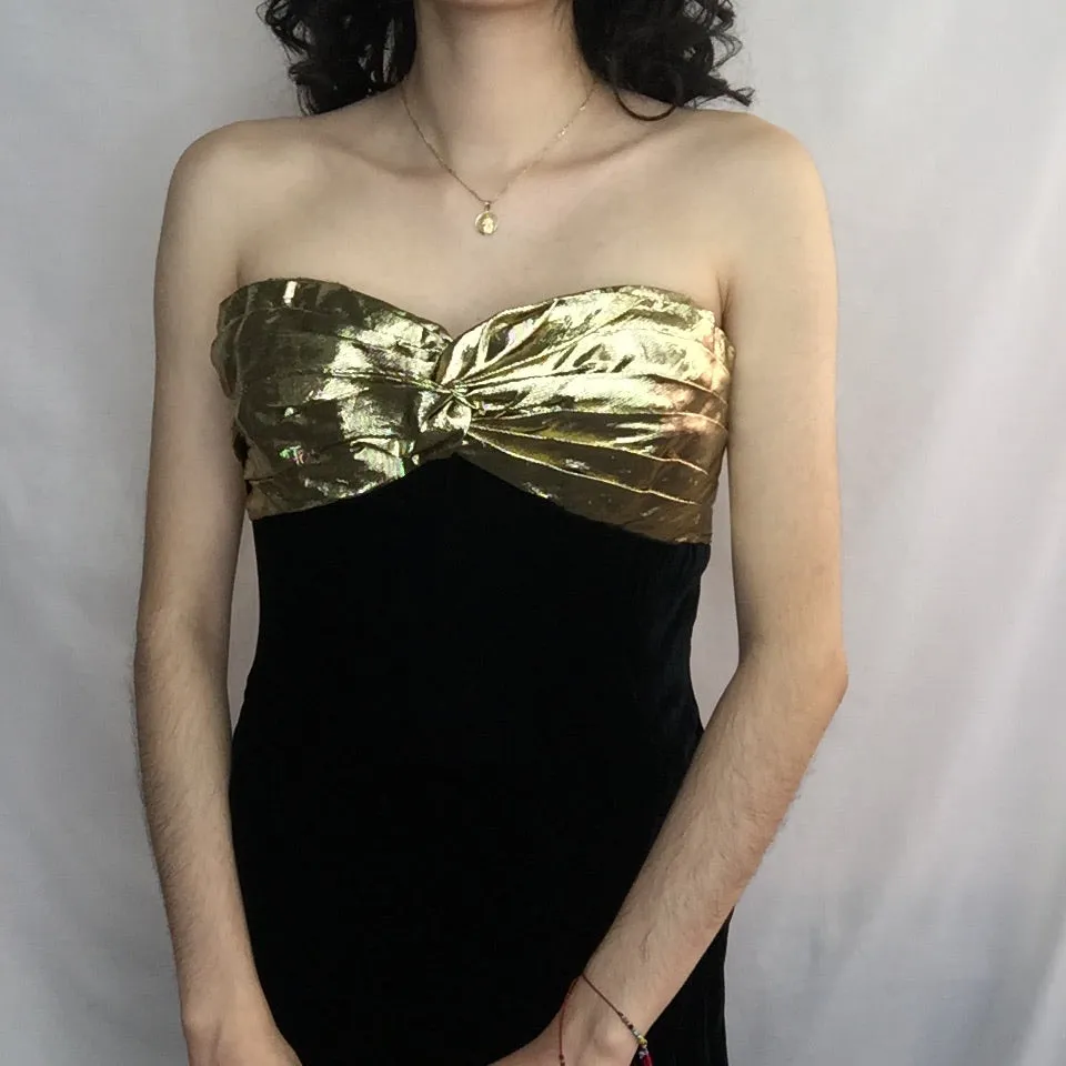 Vintage 80s 90s | Black Velvet & Gold Lame Big Bow Maxi Party Dress | XS