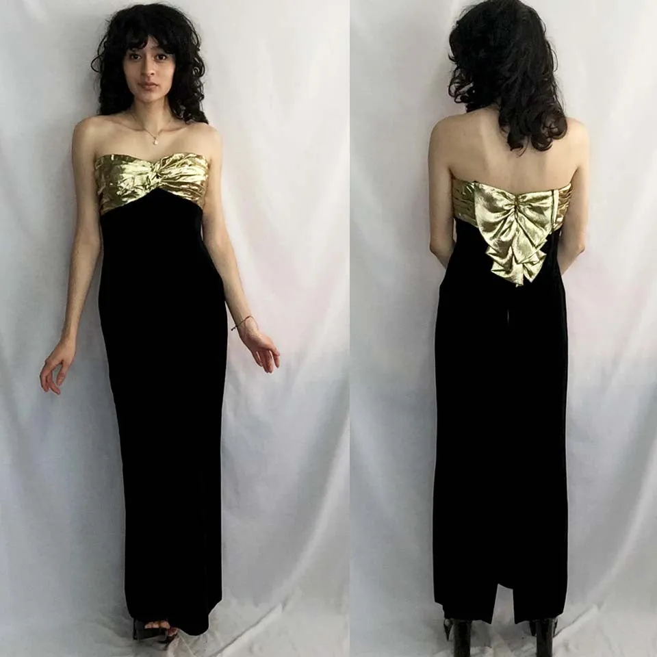 Vintage 80s 90s | Black Velvet & Gold Lame Big Bow Maxi Party Dress | XS