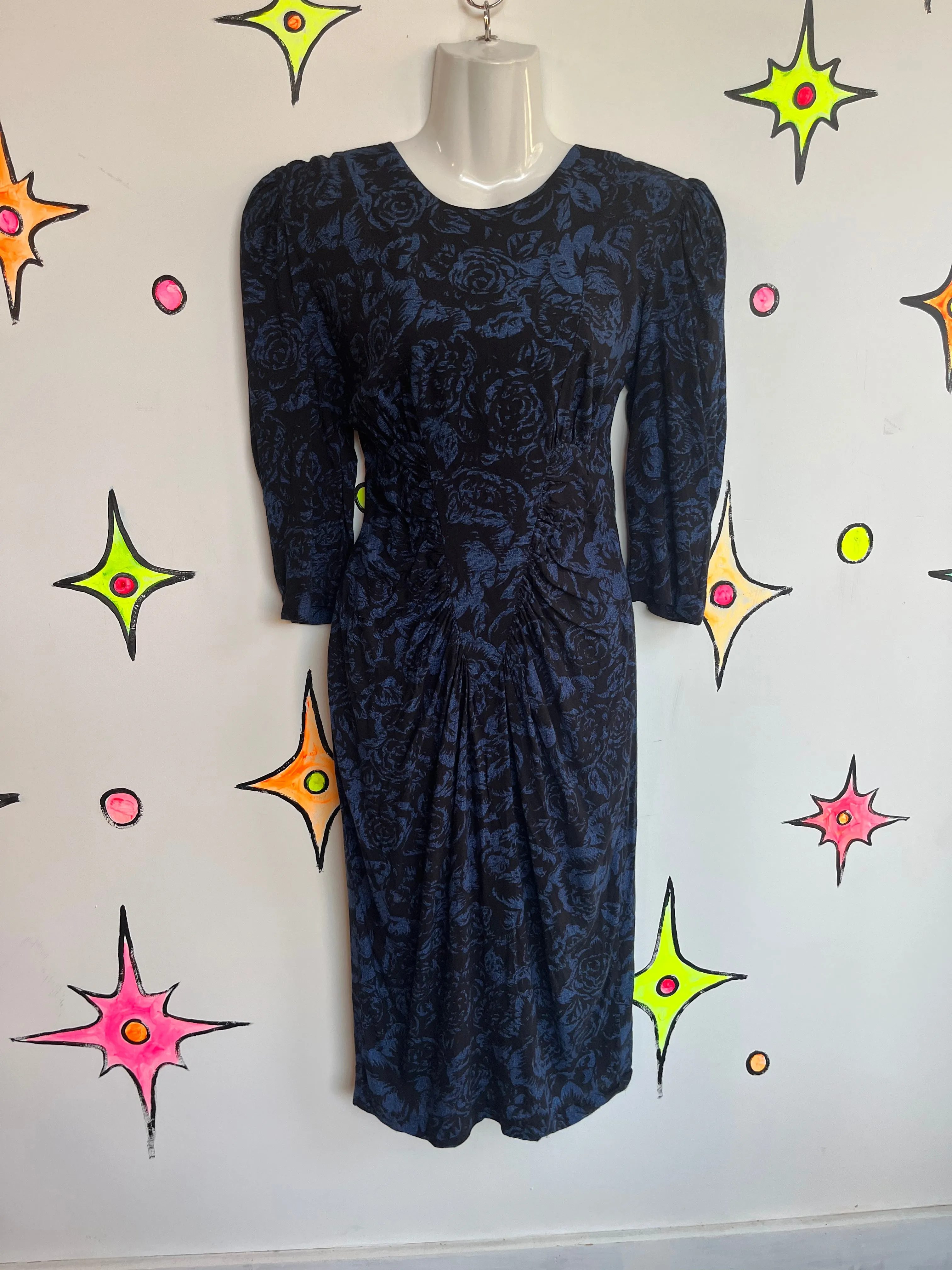 Vintage 80s does 40s | Black and Blue Puff Sleeve Secretary Party Dress | Size S