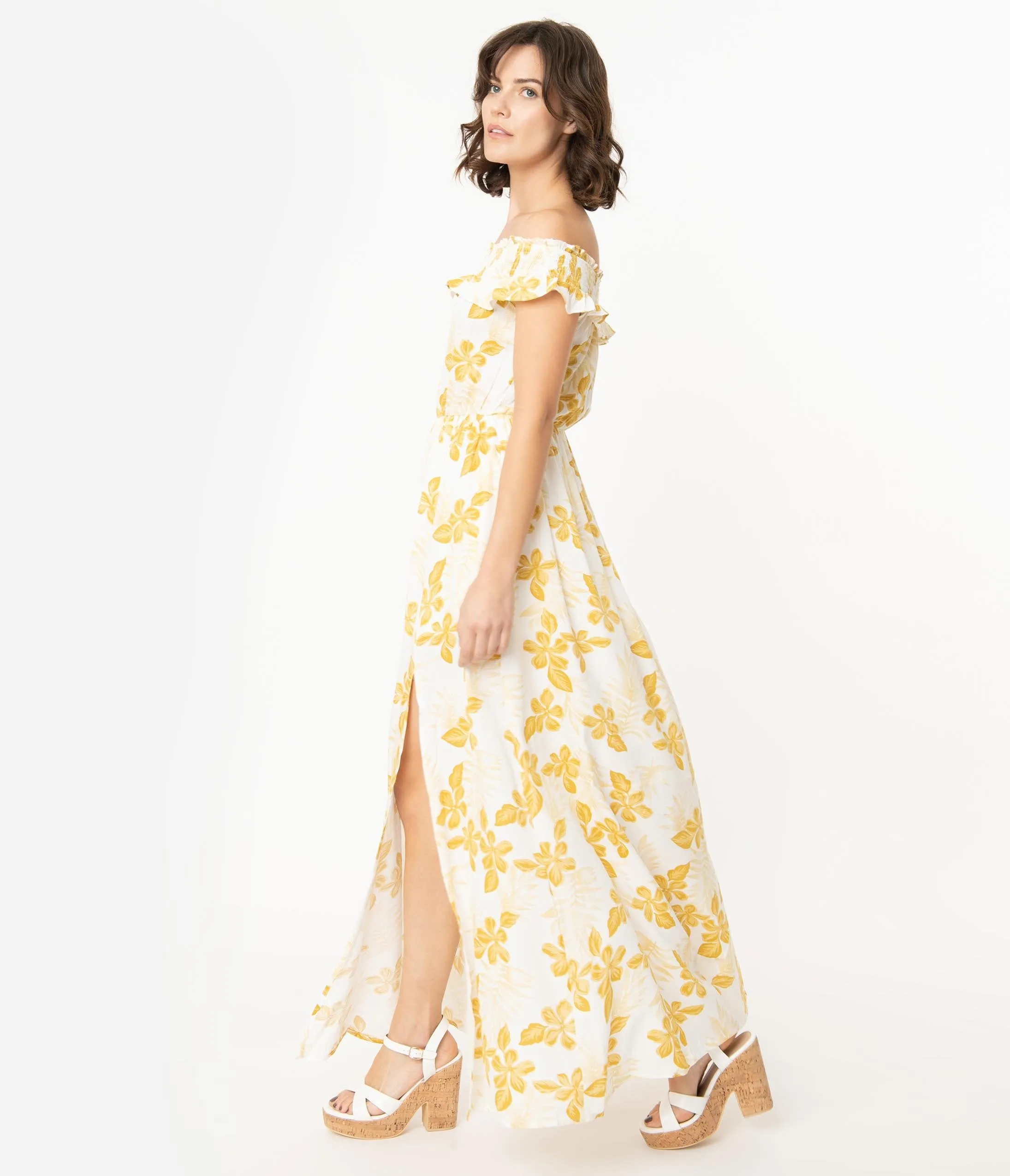 White & Mustard Floral Print Off the Shoulder Maxi Dress