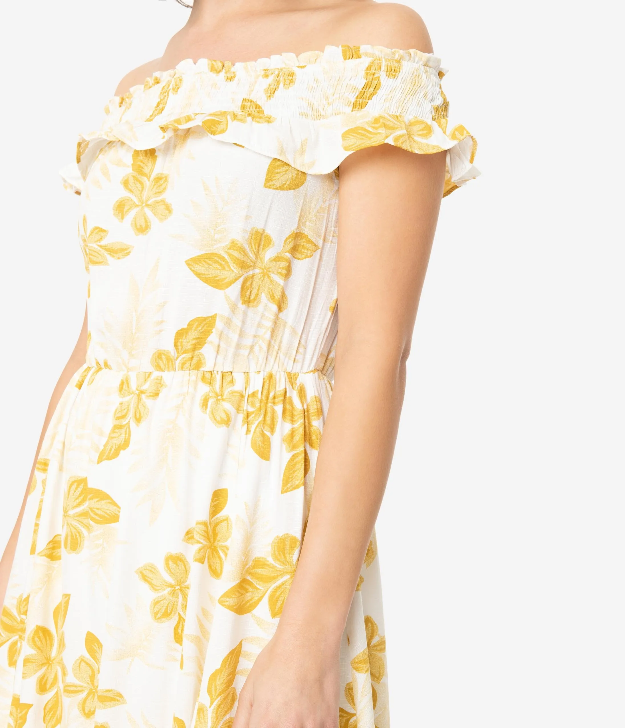 White & Mustard Floral Print Off the Shoulder Maxi Dress