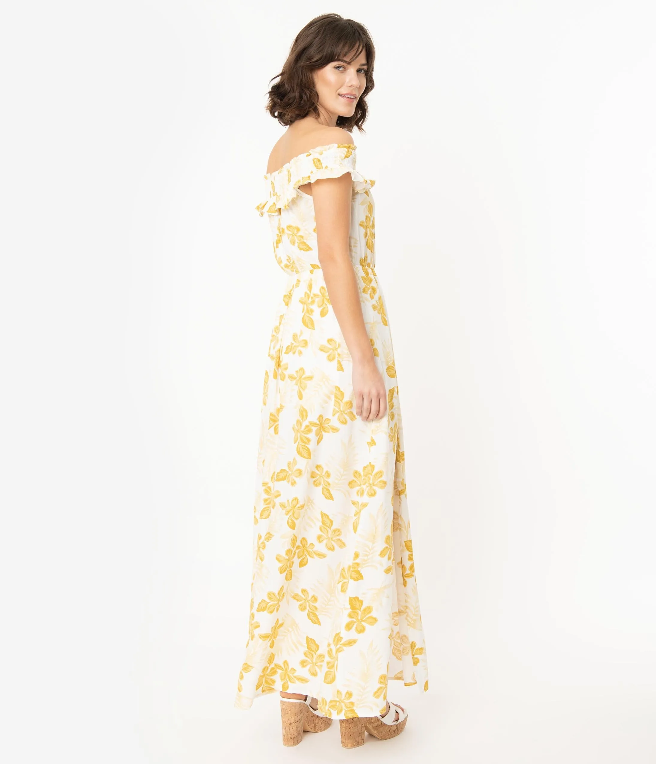 White & Mustard Floral Print Off the Shoulder Maxi Dress