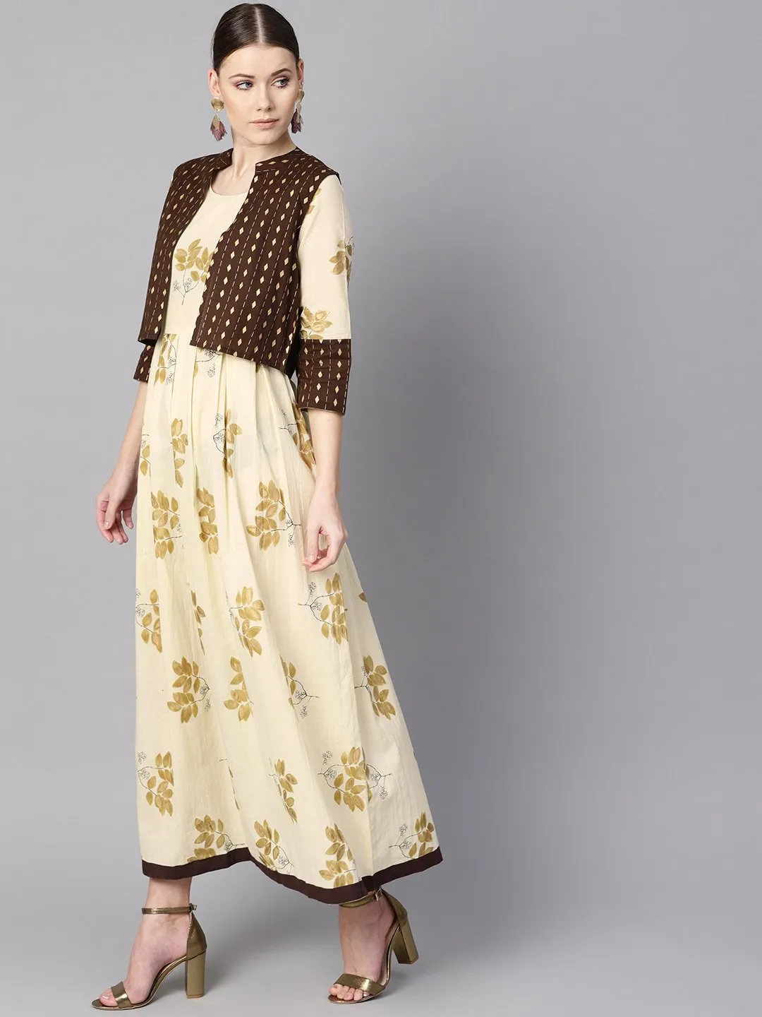 White Floral Gold Printed Round Neck 3/4Th Sleeve Printed Maxi With Brown Geometrical Gold Printed Jacket.