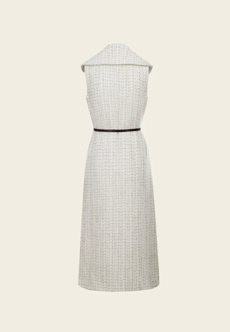 White Sleeveless Lapel Tweed Dress with Belt