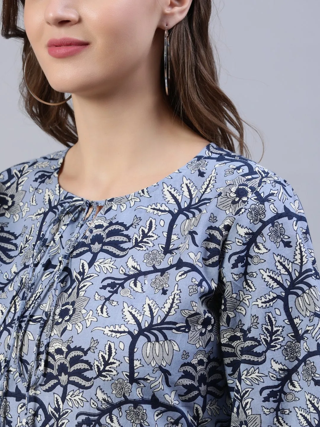 Women Blue Floral Printed Dress With Three Quarter Sleeves