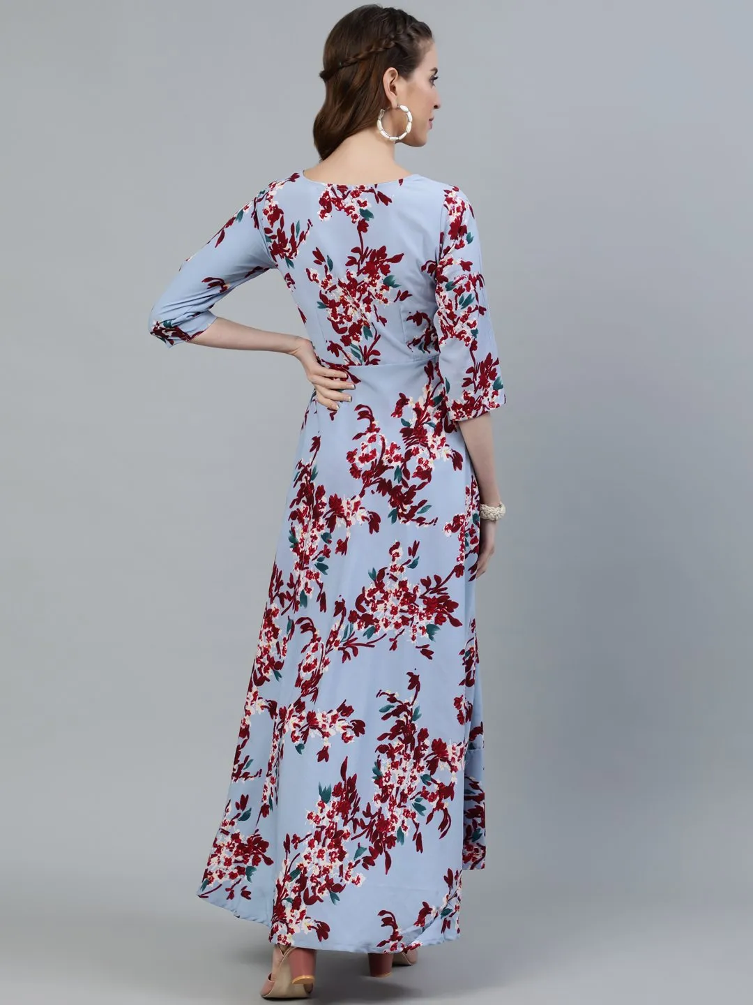 Women Blue Floral Printed Maxi Dress With Three Quarter Sleeves