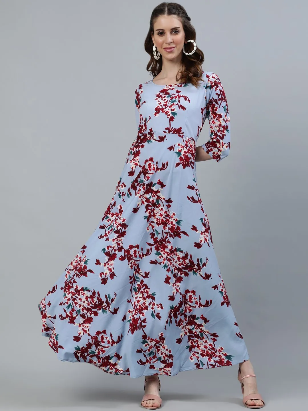 Women Blue Floral Printed Maxi Dress With Three Quarter Sleeves