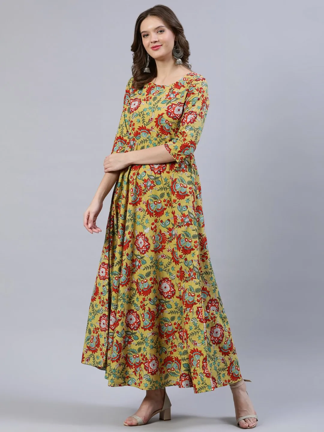 Women Green Floral Printed Dress With Dupatta