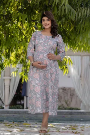 Women Grey Floral Printed Maternity Dress