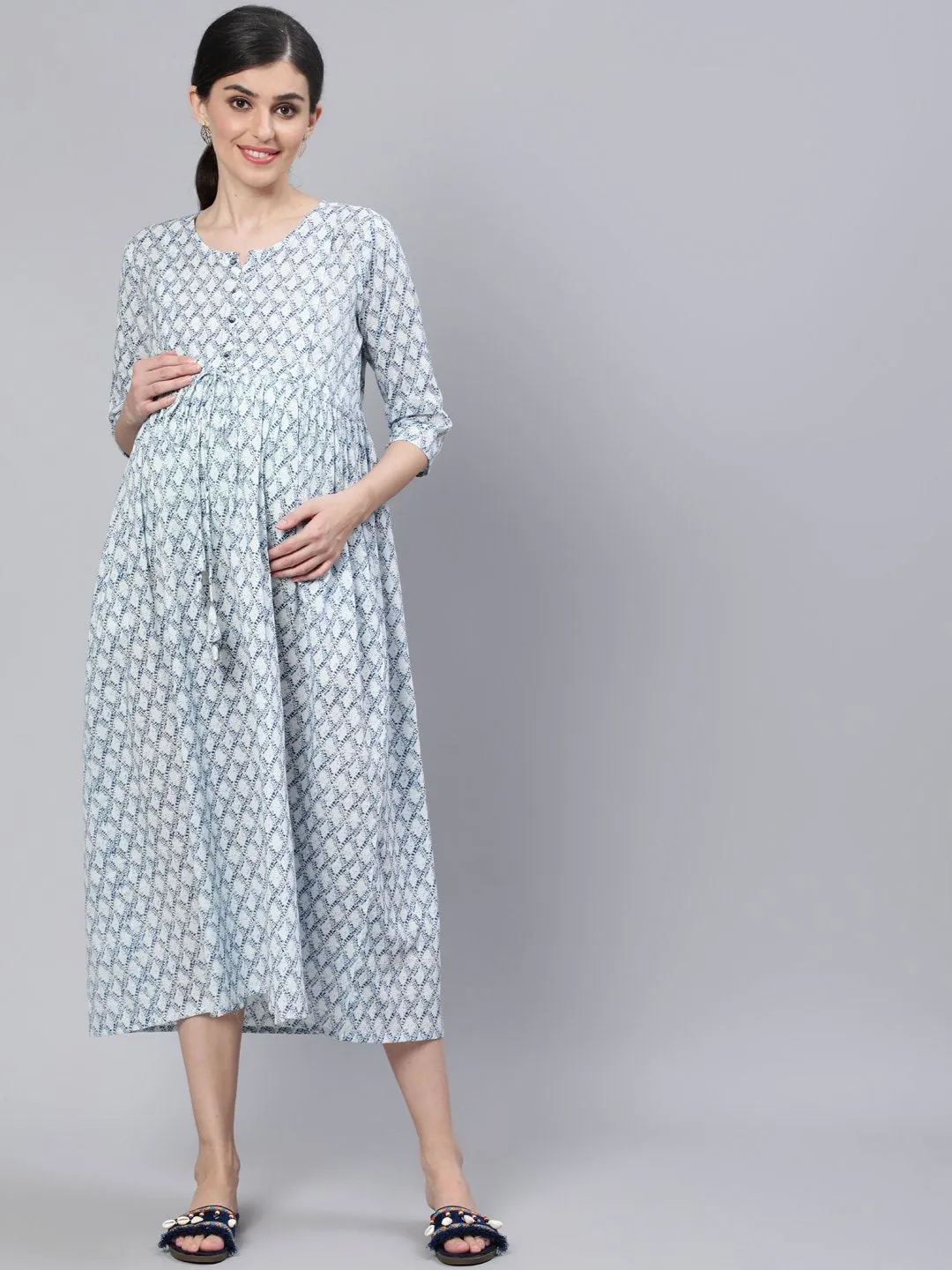 Women Off White & Blue Floral Printed Maternity Dress With Three Quarter Sleeves