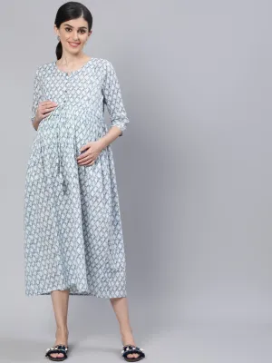 Women Off White & Blue Floral Printed Maternity Dress With Three Quarter Sleeves