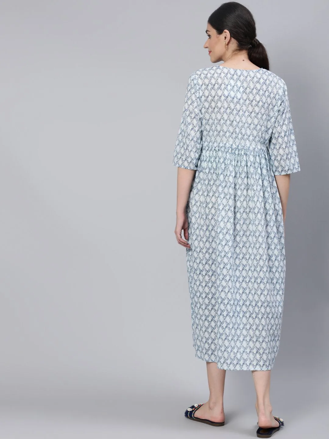 Women Off White & Blue Floral Printed Maternity Dress With Three Quarter Sleeves