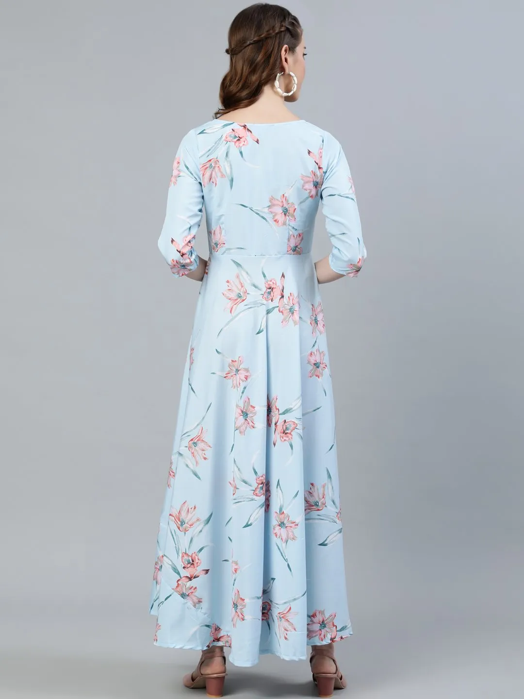 Women Pastel Blue Floral Printed Maxi Dress With Three Quarter Sleeves