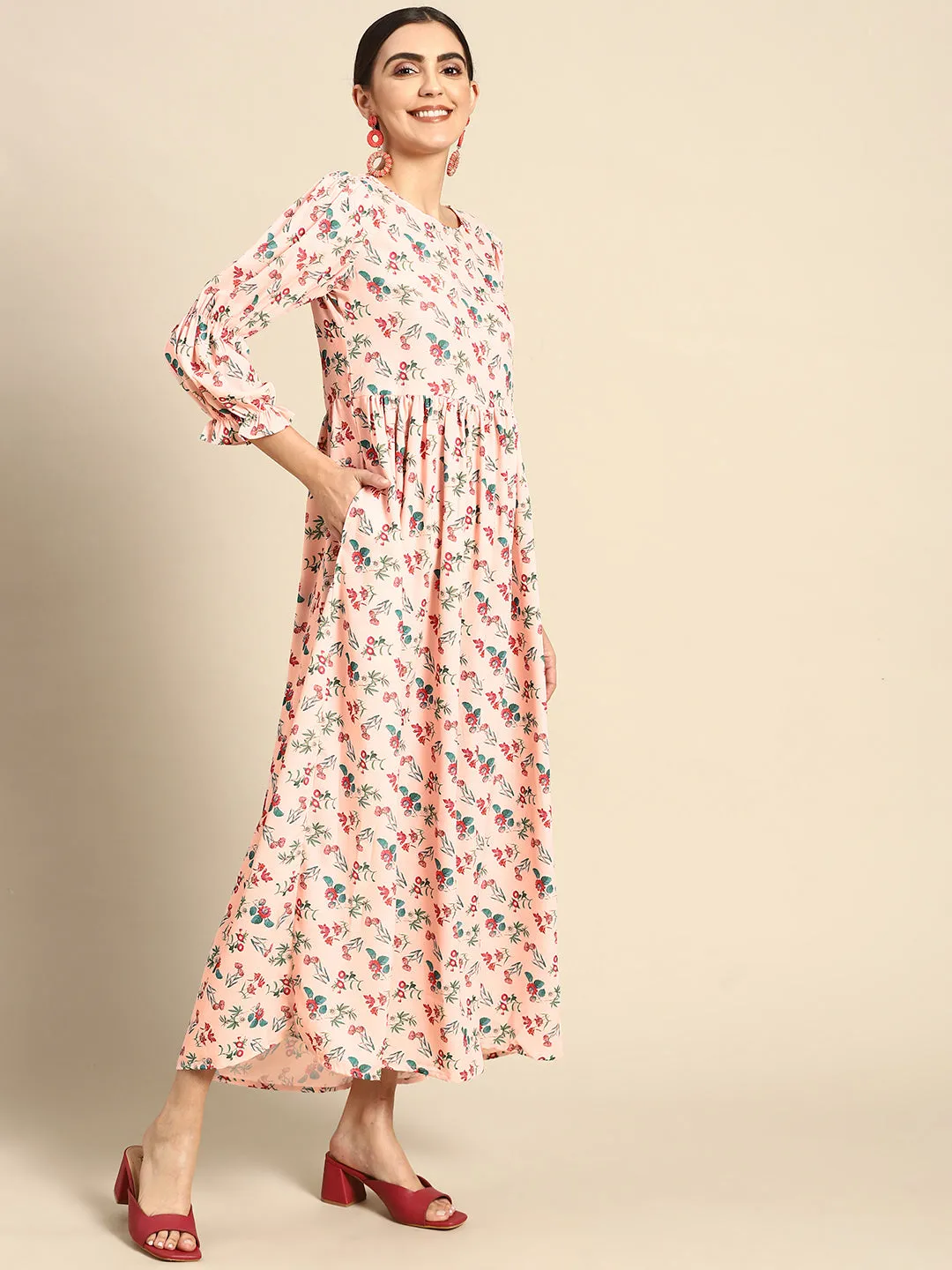 Women Peach Floral Printed Dress With Three Quarter Sleeves