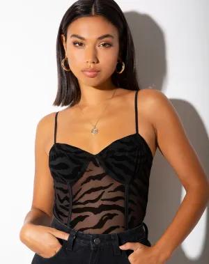 Yecal Sheer Bodice in Horizontal Zebra Flock Black